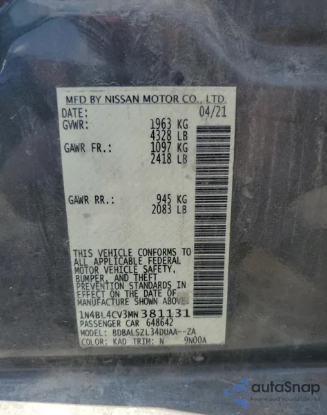 2021 Nissan Altima Sr from USA, damaged, VIN 1N4BL4CV3MN381131